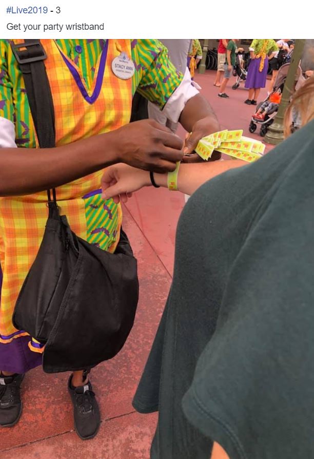 Pick up your MNSSHP Wristband just inside the entrance gate. Or at various locations inside the park.