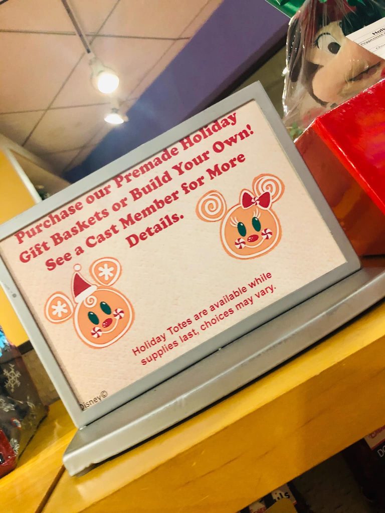 Sign for Purchasing a Premade Holiday Gift Basket at Walt Disney World