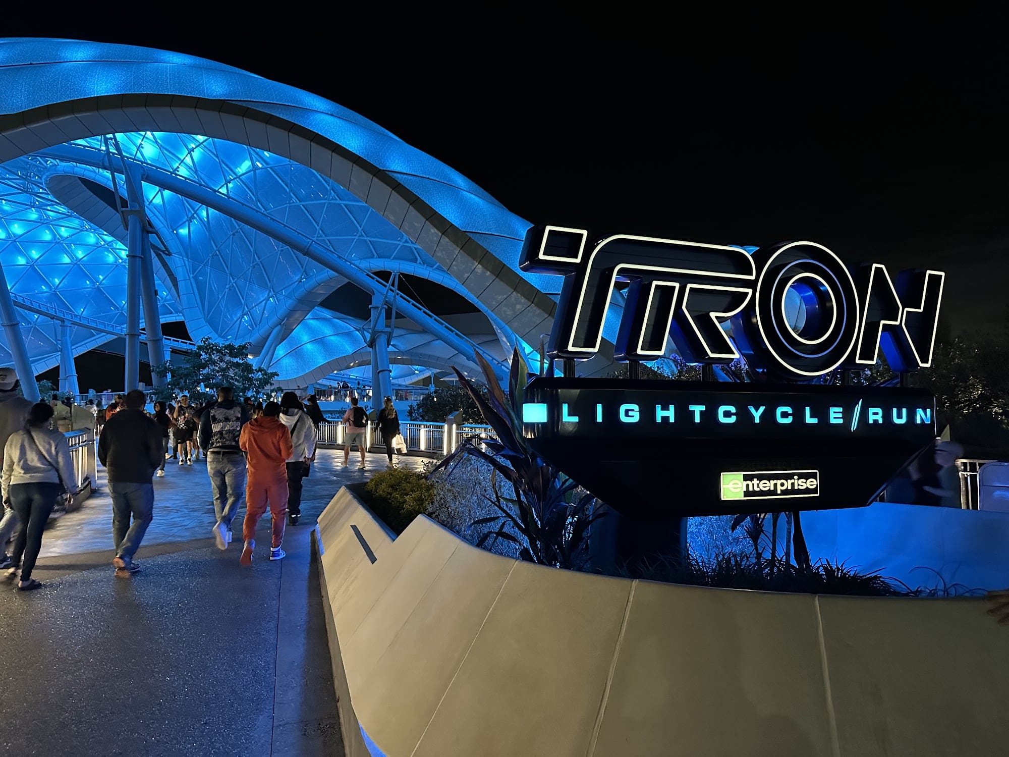 TRON Lightcycle Run at Night – Disney Lightning Lane Help TRON Lightcycle / Run entrance at night in Magic Kingdom, a Walt Disney World Lightning Lane attraction